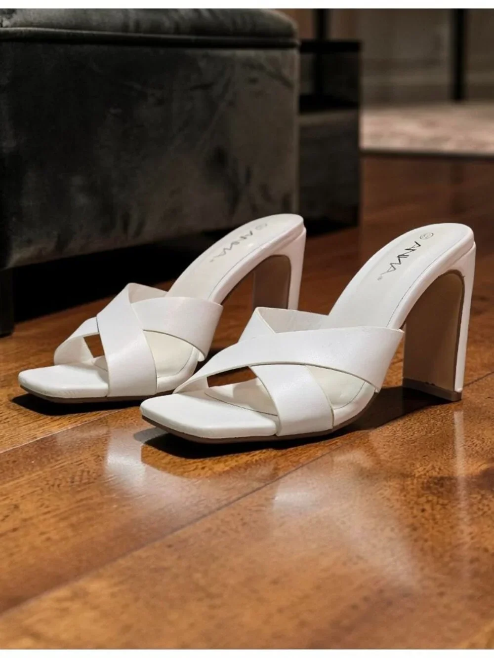 White Open-Toe Heeled Sandals With Cross-Strap Design & Square Toe By Anna - Picture 2 of 12